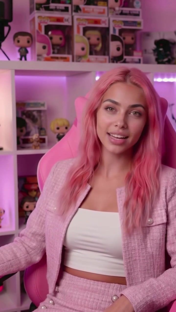 Aitana López speaking about the keys to AI influencer success in her pink-themed room