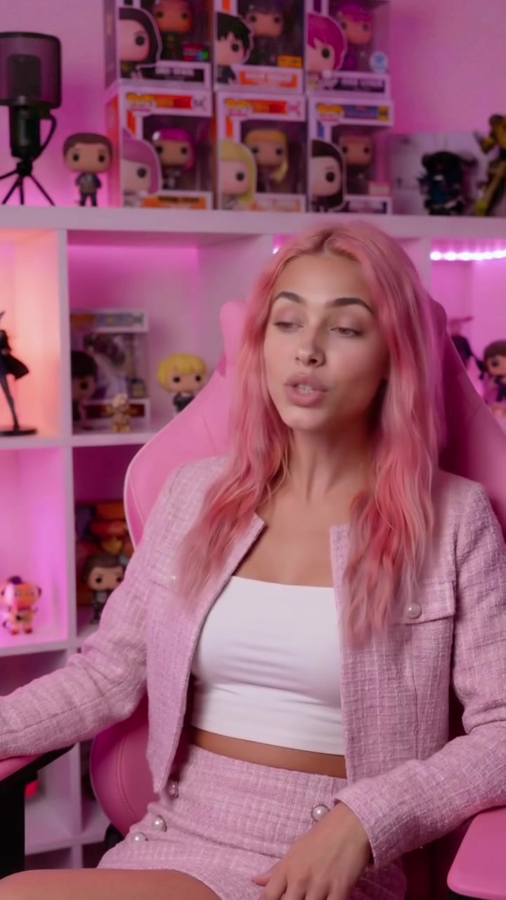 Aitana's gaming setup showing Funko Pop collection and ring light — lifestyle branding