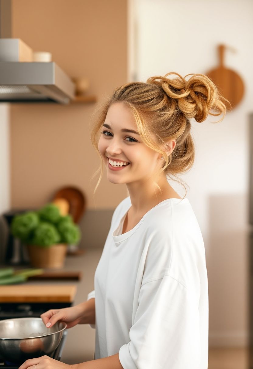 Elena Voss cooking healthy meal in modern kitchen