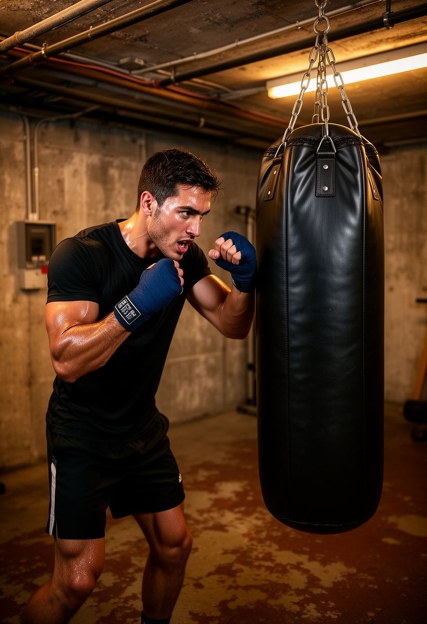 Marco Silva, AI fitness creator, boxing training in raw gym